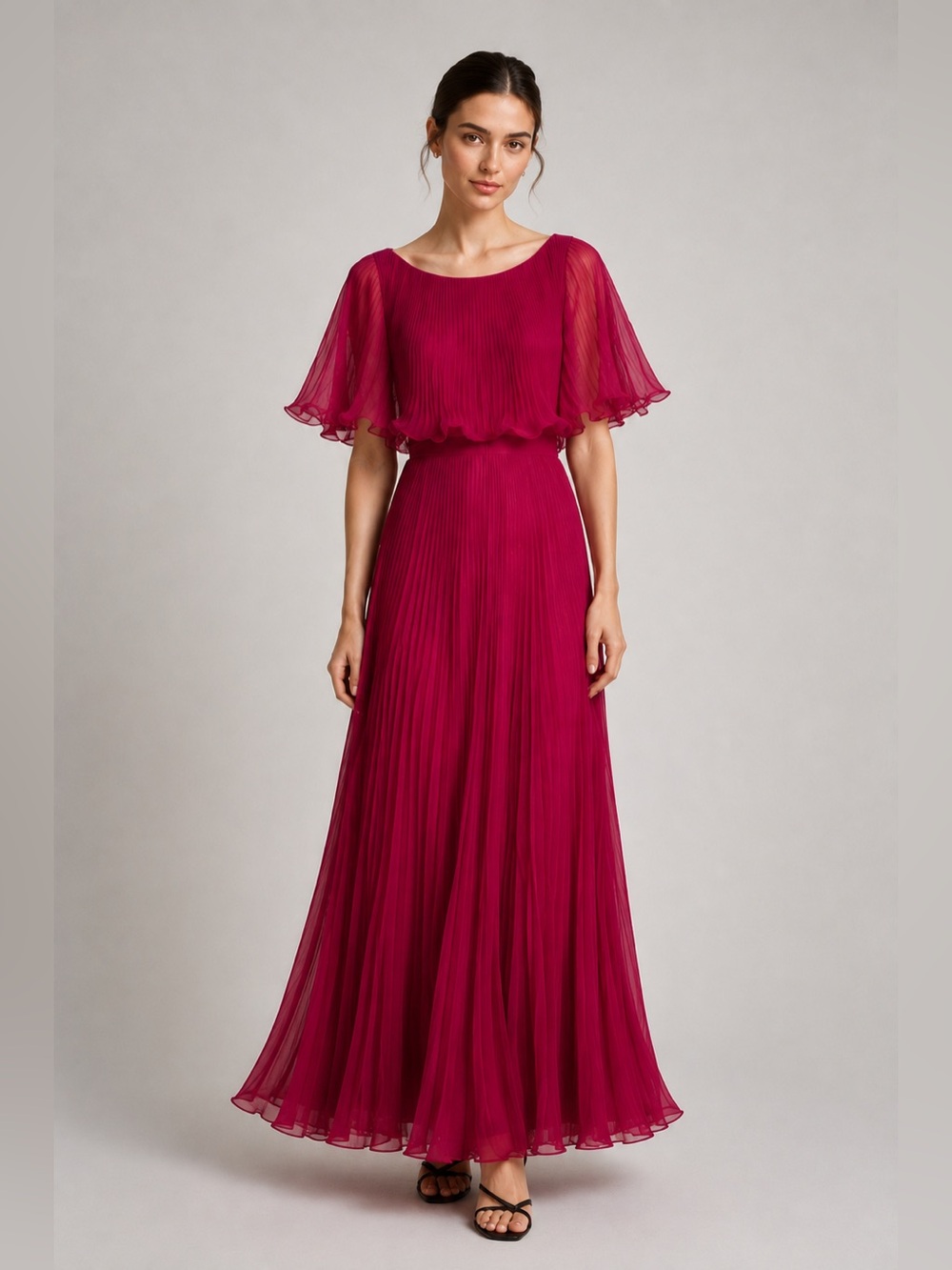 Vintage 70s Miss Elliette pleated chiffon maxi/midi dress dark fuschia pink. 12